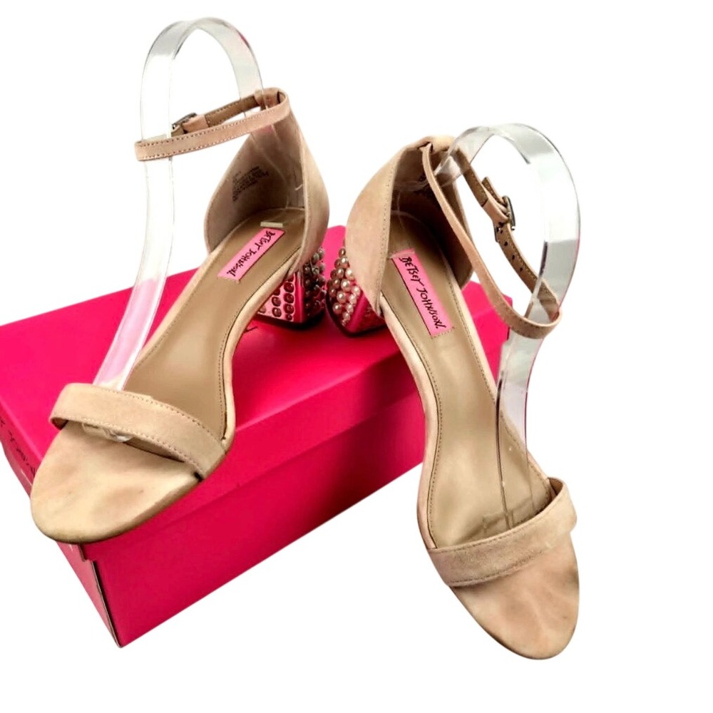 Betsey Johnson SB-Vera Nude Suede Pearl Block Heel Ankle Strap Sandals 8